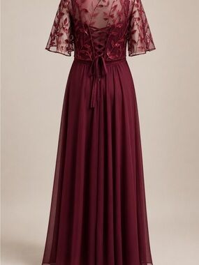 Embroidered Lace-Back Maxi Dress in Burgundy